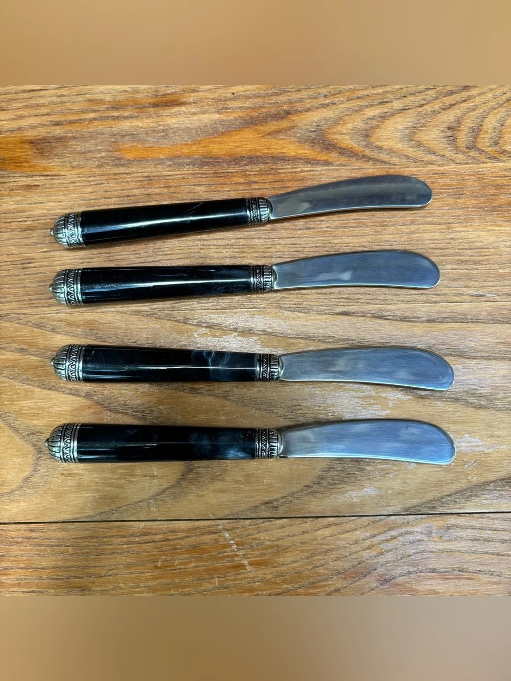 Stainless china marbled resin handles silver filigree end caps Cheese Spreaders